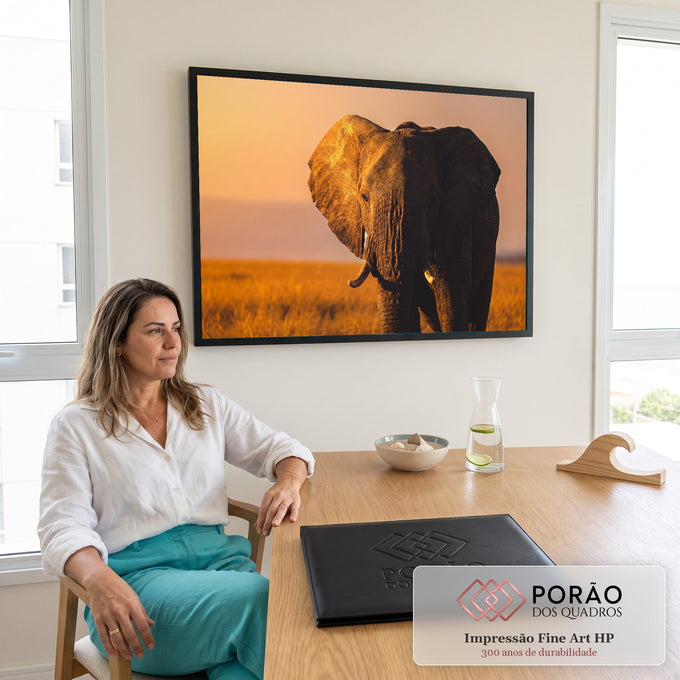 Elefante africano de frente na savana, orelha iluminada pela luz dourada do pôr do sol, quadro decorativo