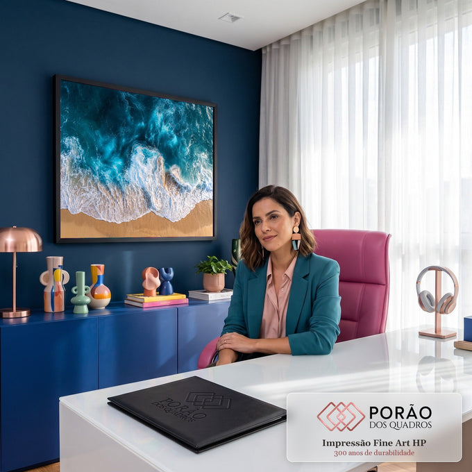 Vista aérea de ondas azul-turquesa com espuma branca quebrando na areia dourada da praia, quadro decorativo