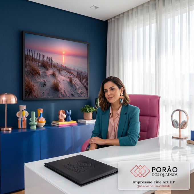 Pôr do sol rosa sobre o mar com dunas de areia, capim e cerca de madeira na praia, quadro decorativo
