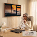 Onda do mar quebrando ao pôr do sol com falésia, vista através de janela escura, quadro decorativo