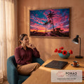 Palmeiras e passarela de madeira para a praia sob céu rosa e azul ao pôr do sol, quadro decorativo
