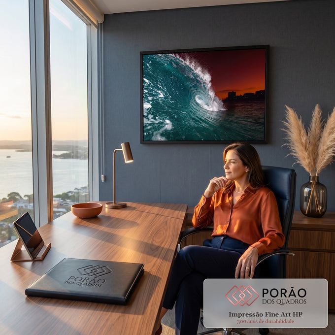 Onda do mar formando tubo azul-turquesa com céu laranja e prédios na orla ao entardecer, quadro decorativo