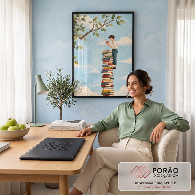 Quadro Decorativo Grande Menino com Maçã para Sala Azul | quadros decorativos | menino equilibrado sobre pilha de livros coloridos segurando uma maçã vermelha | em ambiente 2 | Porao dos Quadros