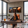 Quadro Decorativo Kit 3 Telas Pôr do Carro para Sala Laranja | quadros decorativos | tríptico com posto abandonado, carro esportivo vermelho e penhasco ao pôr do sol | em ambiente 2 | Porao dos Quadros