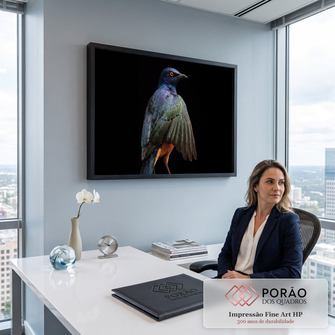 Estorninho azul e verde iridescente de olho vermelho e asa aberta em fundo preto, quadro decorativo