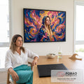Nossa Senhora de olhos fechados, manto azul e auréola dourada em espirais rosa e ouro, quadro decorativo