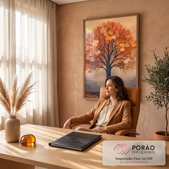 Quadro Decorativo Árvore de Outono em Tons Laranja e Dourado | quadros decorativos | árvore solitária com folhagem laranja e dourada sobre céu brilhante ao entardecer | em Quadros para Escritorio | Porao dos Quadros