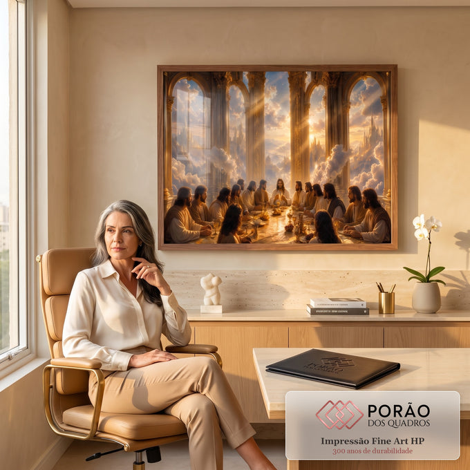 Quadro Decorativo Grande Última Ceia Bege para Sala Dourado | quadros decorativos | última ceia em salão dourado celestial com nuvens e raios de luz ao fundo | em ambiente 2 | Porao dos Quadros