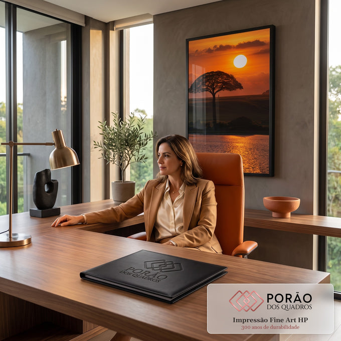 Quadro Decorativo Grande Pôr do Sol na Savana para Sala | quadros decorativos | árvore solitária em silhueta sob pôr do sol dourado refletido em lago | em ambiente 2 | Porao dos Quadros