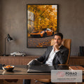 Quadro Decorativo Grande Carro Esportivo para Sala Laranja | quadros decorativos | carro esportivo laranja estacionado em estrada cercada por árvores de outono douradas | em ambiente 2 | Porao dos Quadros