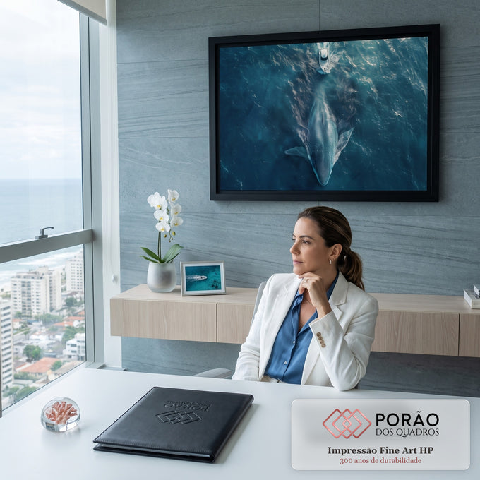 Quadro Decorativo Grande Tubarão Baleia Azul para Sala | quadros decorativos | vista aérea de tubarão-baleia nadando perto de uma lancha no oceano azul | em ambiente 2 | Porao dos Quadros