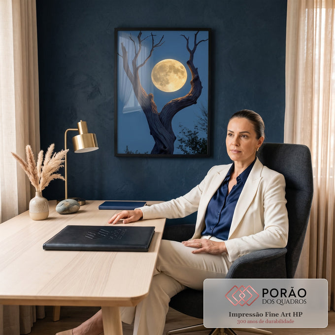 Lua cheia dourada entre os galhos de um tronco retorcido em forquilha no céu azul noturno, quadro decorativo
