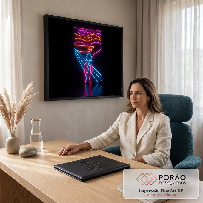 O Grito de Edvard Munch em tubos de neon rosa, laranja e azul sobre fundo preto, quadro decorativo