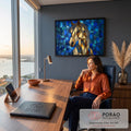 Quadro Decorativo Grande Cavalo em Mosaico para Sala Azul | quadros decorativos | cabeça de cavalo dourada em estilo mosaico de vitral sobre fundo azul geométrico | em ambiente 2 | Porao dos Quadros