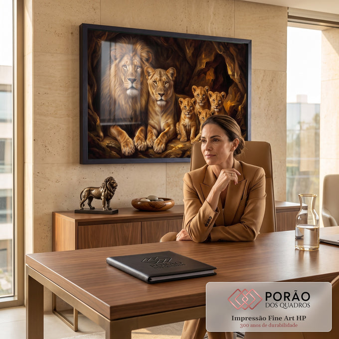 Quadro Decorativo Grande Família de Leões Marrom para Sala | quadros decorativos | família de leões realista com filhotes em caverna rochosa, tons dourados e marrons | em ambiente 2 | Porao dos Quadros
