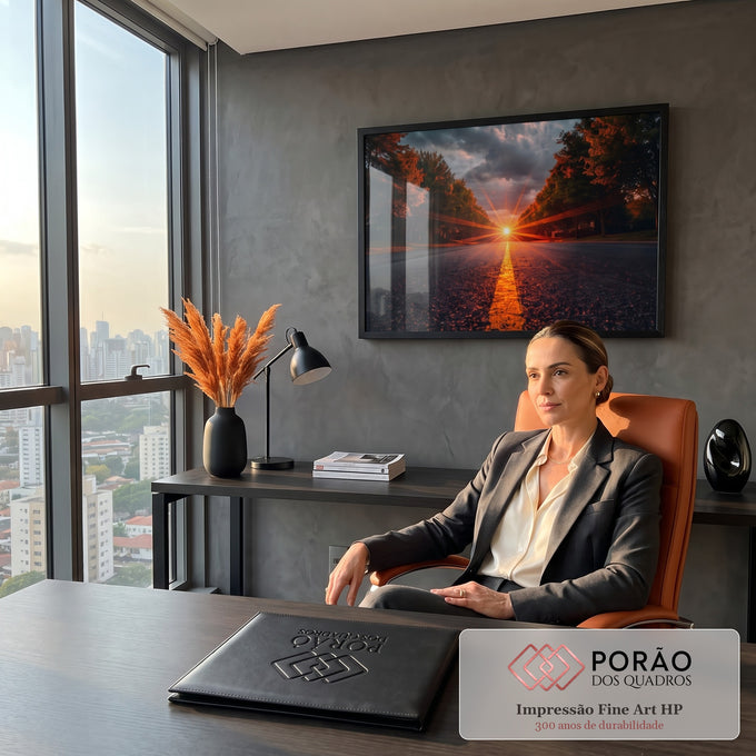 Quadro Decorativo Grande Pôr do Sol Rua Arborizada para Sala | quadros decorativos | rua vazia com sol intenso ao fundo entre árvores e raios de luz alaranjados | em ambiente 2 | Porao dos Quadros