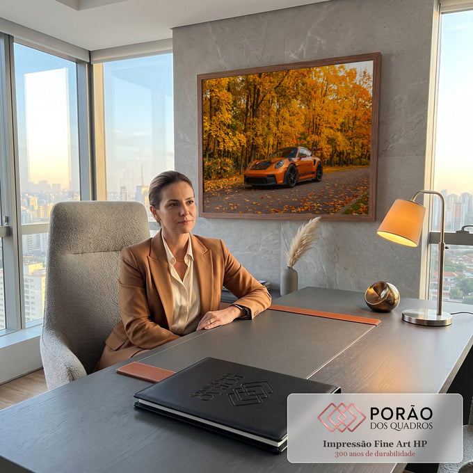 Quadro Decorativo Grande Carro Automóvel Laranja para Sala | quadros decorativos | carro esportivo laranja numa rua de outono cercada por árvores douradas | em ambiente 2 | Porao dos Quadros