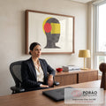 Quadro Decorativo Grande Rosto em Linhas para Sala Amarelo | quadros decorativos | rosto de perfil em linhas finas marrom com formas geométricas amarelas e vermelhas | em ambiente 2 | Porao dos Quadros