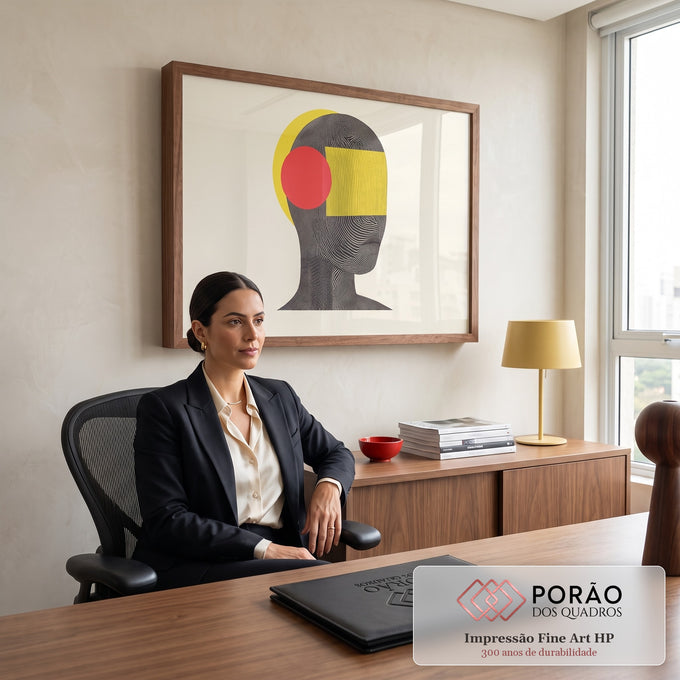 Quadro Decorativo Grande Rosto em Linhas para Sala Amarelo | quadros decorativos | rosto de perfil em linhas finas marrom com formas geométricas amarelas e vermelhas | em ambiente 2 | Porao dos Quadros