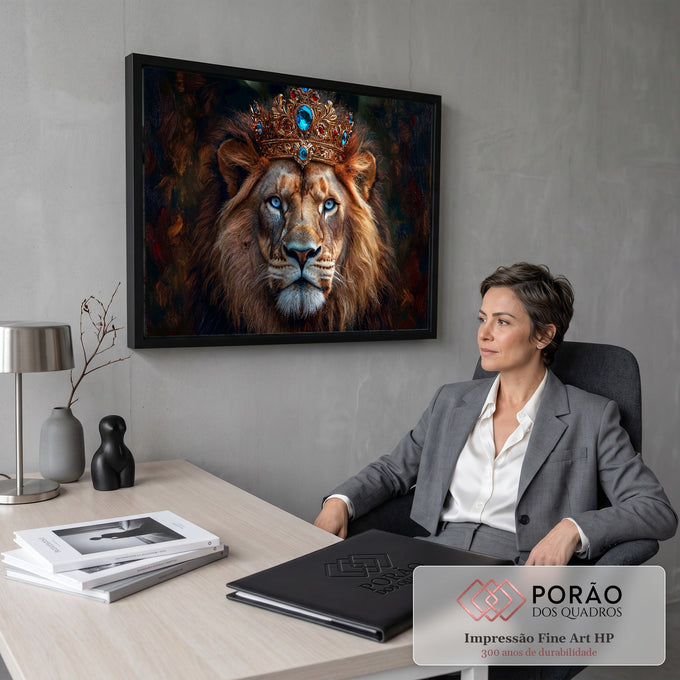 Leão de olhos azuis com coroa dourada cravejada de pedras azuis, fundo escuro pintado, quadro decorativo