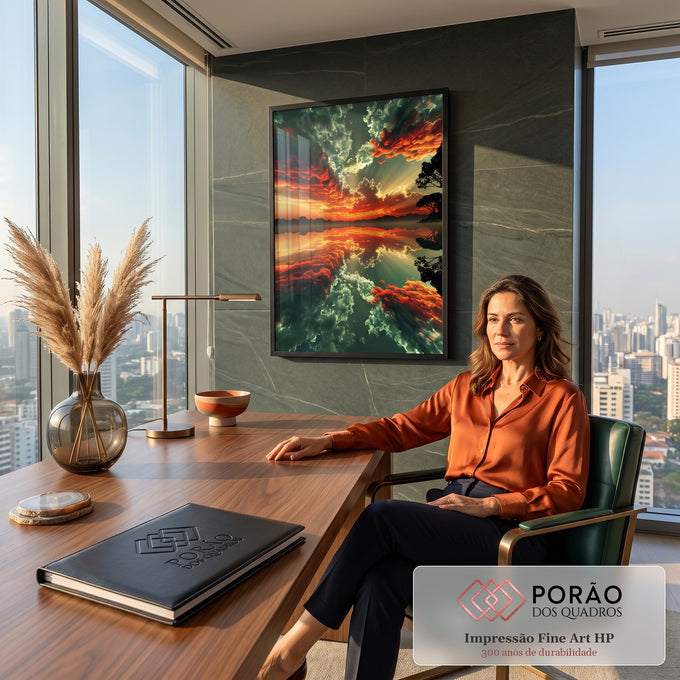 Pôr do sol com nuvens vermelhas e raios de luz refletidos no lago entre árvores, quadro decorativo