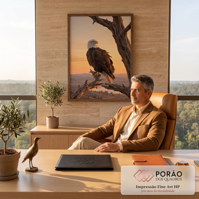 Quadro Decorativo Grande Águia Americana Laranja para Sala | quadros decorativos | águia-de-cabeça-branca pousada em galho seco com céu alaranjado de pôr do sol ao fundo | em ambiente 2 | Porao dos Quadros