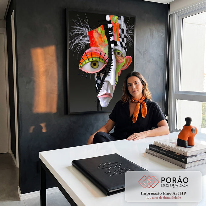Rosto surreal com olho gigante, cílios de arame e xadrez preto e branco em fundo escuro, quadro decorativo