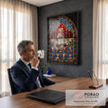 Quadro Decorativo Grande Vitral Santa para Sala Vermelho | quadros decorativos | vitral gótico da Última Ceia com Jesus e doze apóstolos em cores vibrantes | em ambiente 2 | Porao dos Quadros