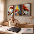 Quadro Decorativo Kit 3 Telas Árvore Vermelha para Sala | quadros decorativos | tríptico com árvore vermelha e dourada e cavalos brancos em texturas de pincelada | em ambiente 2 | Porao dos Quadros