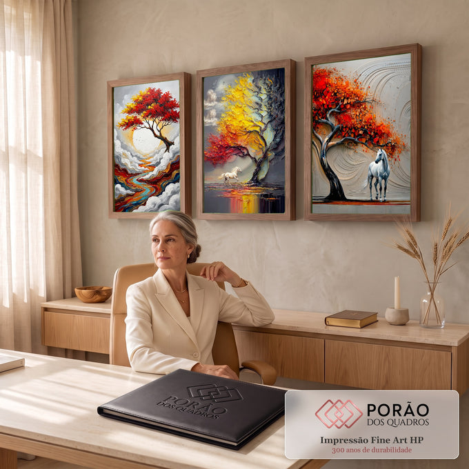 Quadro Decorativo Kit 3 Telas Árvore Vermelha para Sala | quadros decorativos | tríptico com árvore vermelha e dourada e cavalos brancos em texturas de pincelada | em ambiente 2 | Porao dos Quadros
