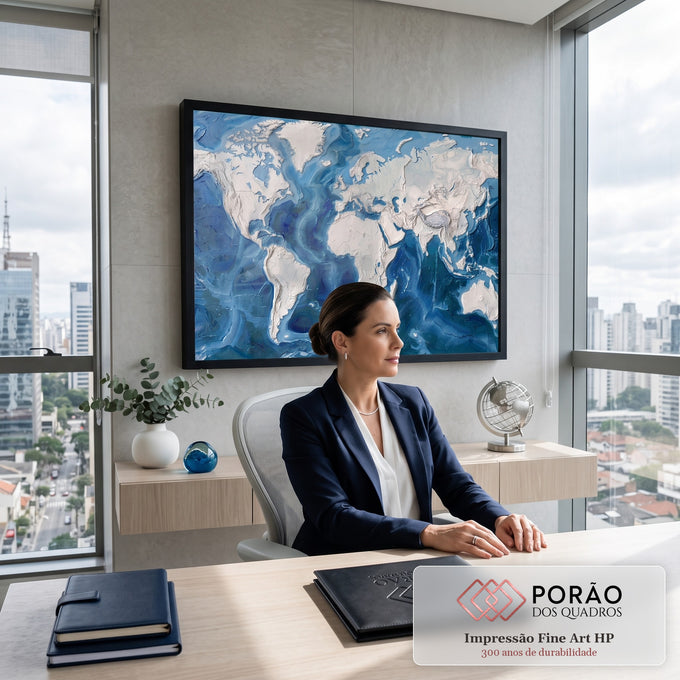 Quadro Decorativo Grande Mapa Mundi Sala para Sala Azul | quadros decorativos | mapa-múndi em relevo texturizado com continentes brancos e oceano em tons de azul | em ambiente 2 | Porao dos Quadros