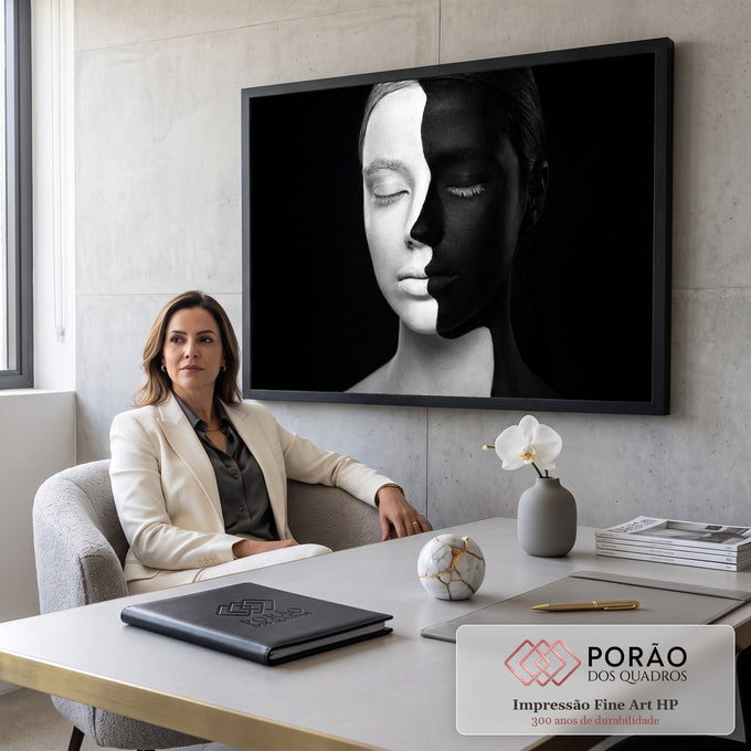 Rosto feminino metade branco metade preto em body paint, olhos fechados, fundo preto, quadro decorativo
