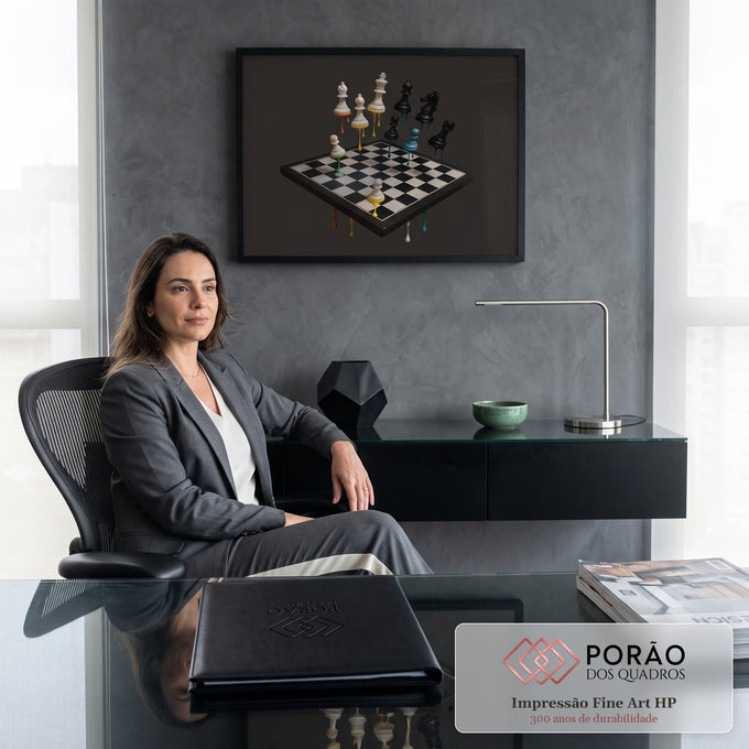 Quadro Decorativo Grande Xadrez Derretendo para Sala Preto | quadros decorativos | peças de xadrez derretendo com gotas coloridas sobre tabuleiro flutuante | em ambiente 2 | Porao dos Quadros