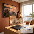 Quadro Decorativo Grande Farol ao Pôr do Sol para Sala | quadros decorativos | farol branco entre veleiros em baía ao pôr do sol laranja | em ambiente 2 | Porao dos Quadros