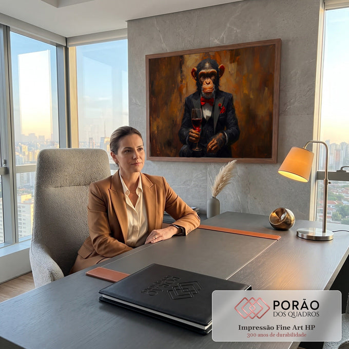 Pintura a óleo de chimpanzé de smoking e gravata vermelha segurando taça de vinho, quadro decorativo