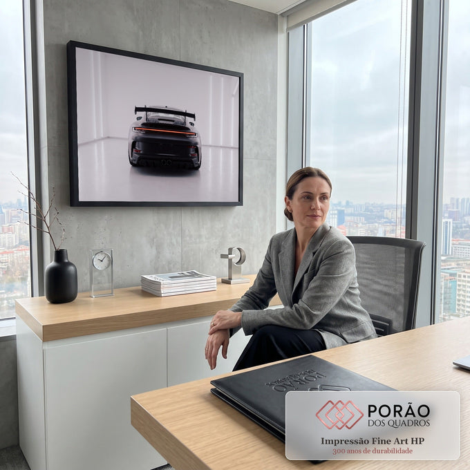 Porsche 911 GT3 fosco de traseira com aerofólio e lanterna vermelha em estúdio branco, quadro decorativo