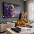 Quadro Decorativo Grande Floresta Roxa para Sala Roxo | quadros decorativos | floresta roxa e amarela à beira de lago com lua dourada e pássaros ao fundo | em ambiente 2 | Porao dos Quadros