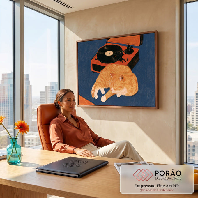 Gato laranja dormindo ao lado de vitrola retrô com disco de vinil sobre fundo azul, quadro decorativo