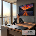 Quadro Decorativo Grande Estrada na Floresta para Sala | quadros decorativos | estrada entre pinheiros com pôr do sol laranja e montanhas ao fundo | em ambiente 2 | Porao dos Quadros