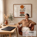 Quadro Decorativo Grande Formas Geométricas para Sala | quadros decorativos | formas geométricas em terracota e bege com ramos desenhados em traço fino preto | em ambiente 2 | Porao dos Quadros