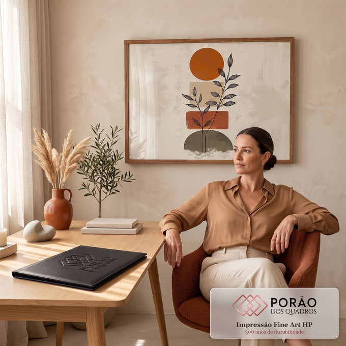 Quadro Decorativo Grande Formas Geométricas para Sala | quadros decorativos | formas geométricas em terracota e bege com ramos desenhados em traço fino preto | em ambiente 2 | Porao dos Quadros