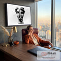 Busto grego de mármore rachado em duas metades, em preto e branco sobre fundo cinza, quadro decorativo