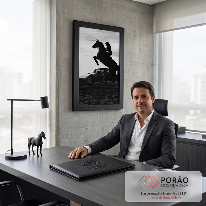 Silhueta de cavaleira em cavalo empinado diante de Porsche clássico, foto preto e branco, quadro decorativo
