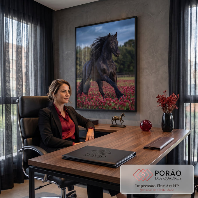 Cavalo preto de crina longa trotando em campo de flores vermelhas sob céu escuro, quadro decorativo