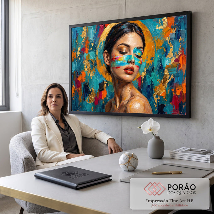 Mulher de olhos fechados com faixa colorida no rosto, auréola dourada e fundo azul texturizado, quadro decorativo