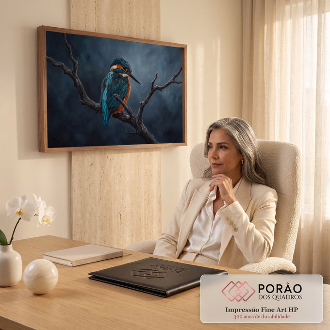 Quadro Decorativo Grande Martim-Pescador Pássaro para Sala | quadros decorativos | martim-pescador azul e laranja pousado em galho seco com fundo escuro nebuloso | em ambiente 2 | Porao dos Quadros