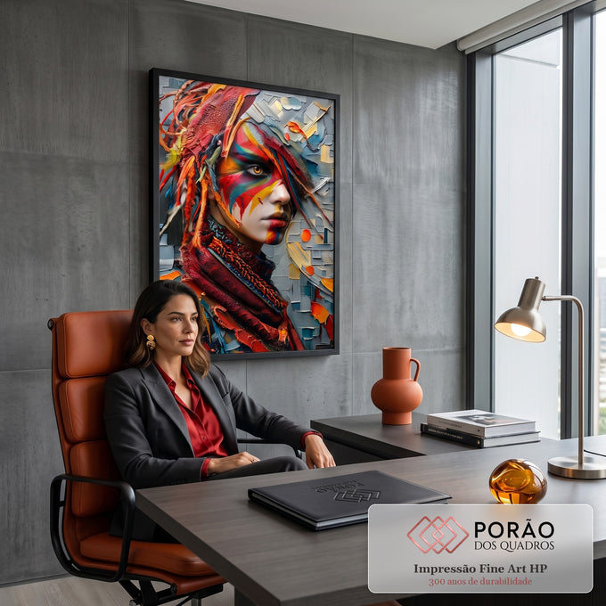 Rosto de mulher com pintura facial colorida, penas e lenço vermelho em fundo texturizado, quadro decorativo