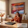 Quadro Decorativo Grande Canoa Vermelha Vermelho para Sala | quadros decorativos | canoa vermelha vazia sobre lago calmo com reflexo de árvores de outono coloridas | em ambiente 2 | Porao dos Quadros