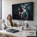 Quadro Decorativo Grande Gorila de Terno para Sala Cinza | quadros decorativos | gorila de terno fumando charuto com fumaça ao fundo em tons escuros | em ambiente 2 | Porao dos Quadros