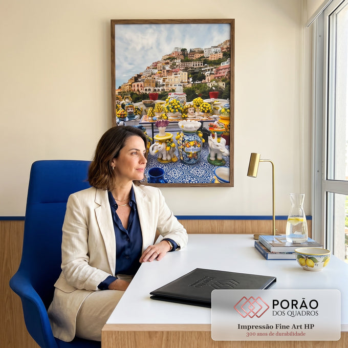 Cerâmicas coloridas com limões sobre azulejos azuis e vila de Positano ao fundo, quadro decorativo